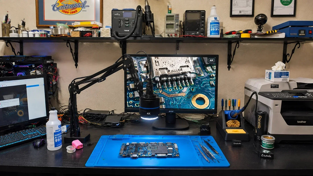 ErlenTek 4K digital microscope camera on an articulated arm above a circuit board, with the microscope feed displayed on an Acer monitor beside real board-repair bench equipment, plus an 11-inch iPad showing a thermal view at the diagnostic bench