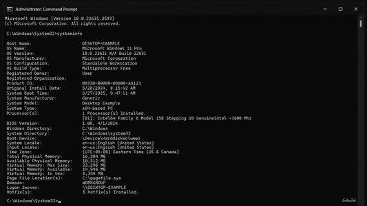 Windows Administrator Command Prompt displaying system diagnostic commands and representative output