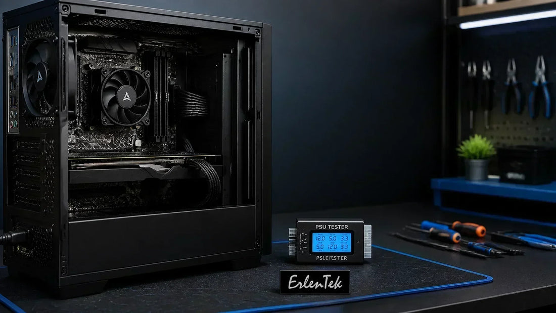 A black desktop computer opened up for diagnostic and testing. Tools and a PSU tester on a black bench.
